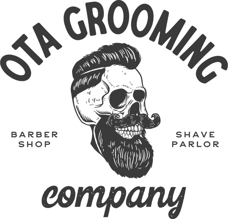 Ota Grooming Company logo: a bearded skull with a pompadour, Barber Shop, Shave Parlor